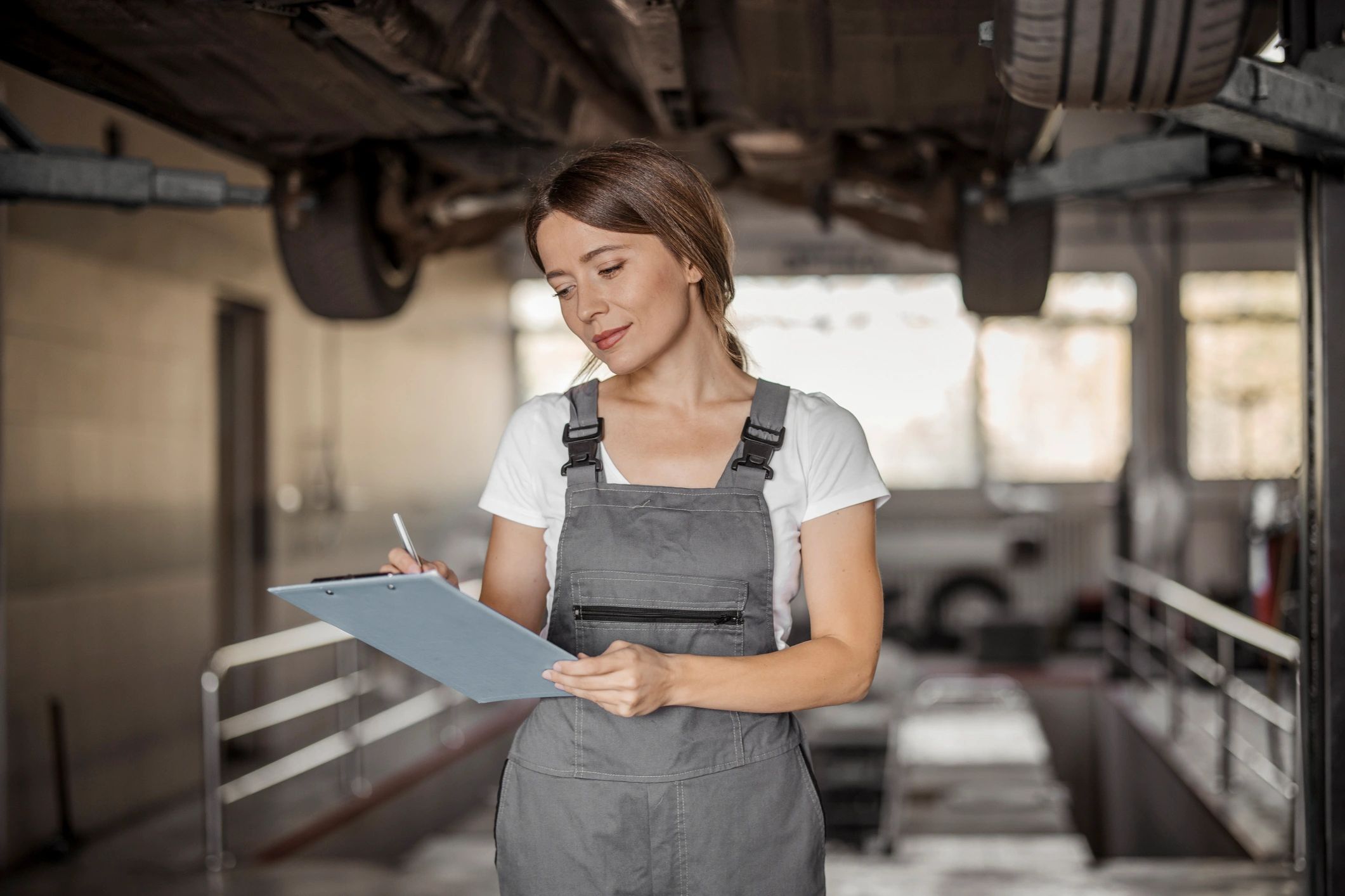 Customer with clipboard in a garage