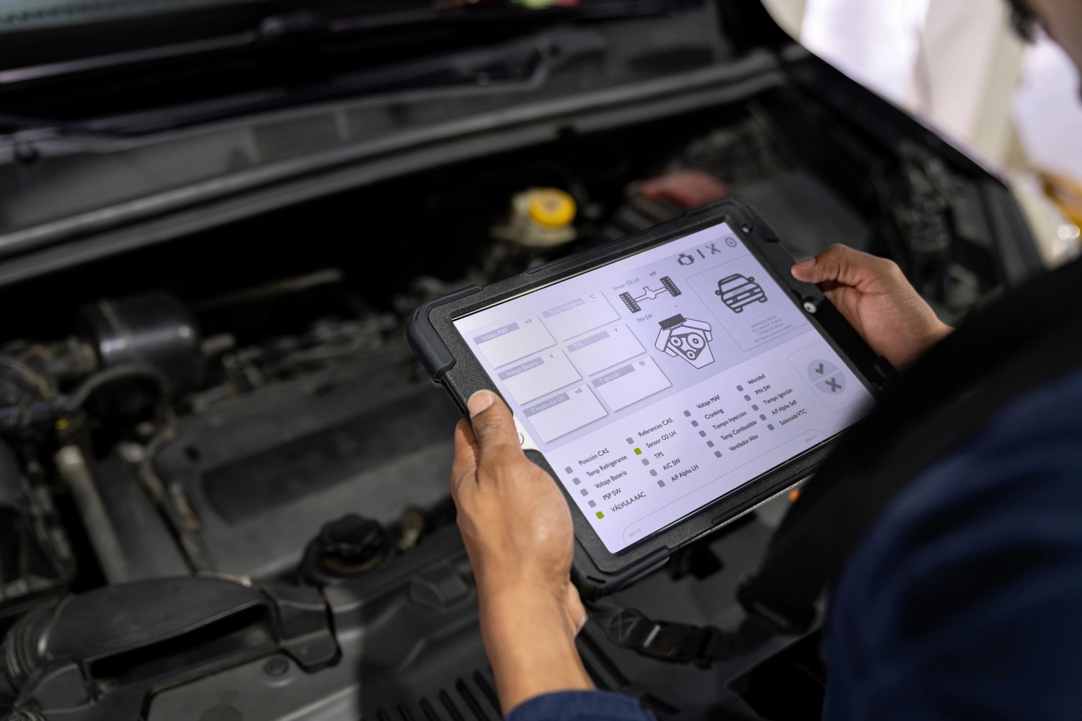Technician using a diagnostic scanner on a vehicle